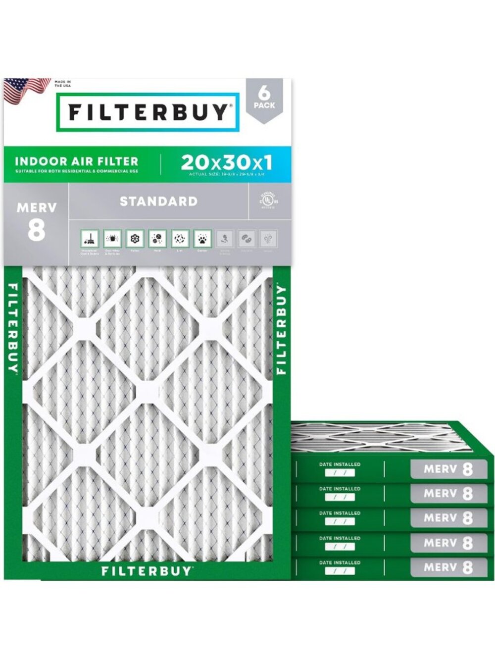 High-Efficiency 20x30x1 Air Filters MERV 8 for Dust & Allergy Relief (6-Pack)